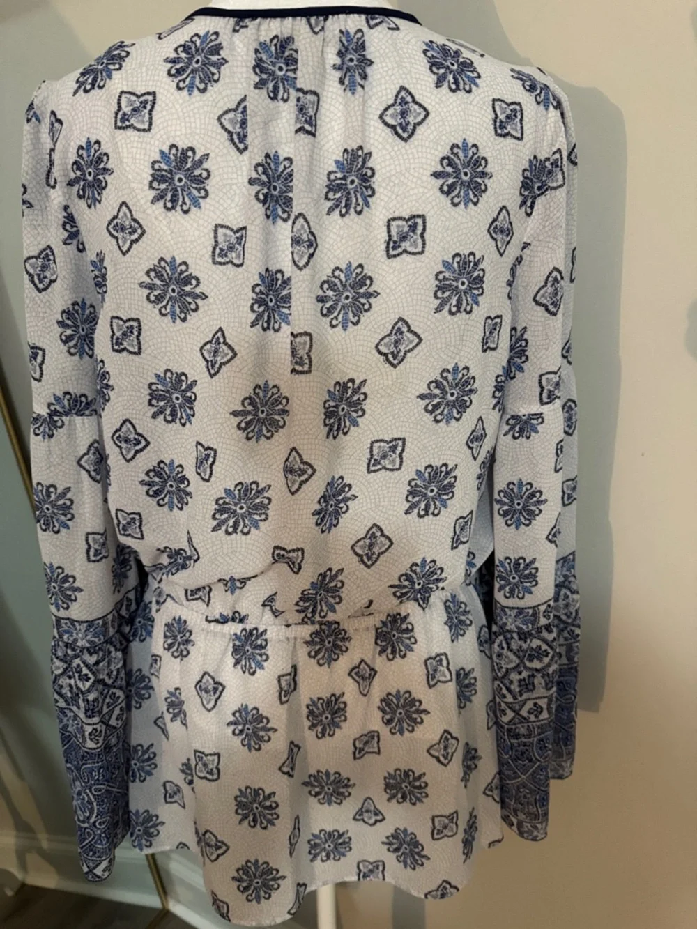 Michael Kors White and Navy Printed Long-Sleeve Peasant Blouse - Picture 3 of 5